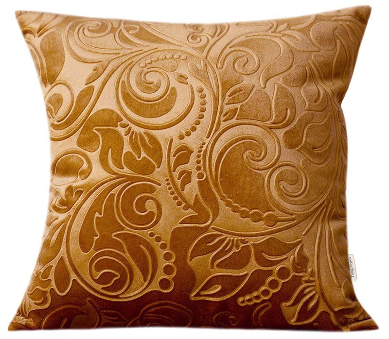 TangDepot Heavy Velvet Embossing Throw Pillow Cover, Classis Floral Anaglyph Velvet Fabric, Euro Sham, European Throw Pillow Cover, Indoor/Outdoor - (24" x 24", C12 Golden Camel) - Image 1